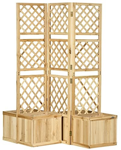 Outsunny Biombo Exterior de 3 Paneles de Madera con 4 Macetas Pantalla de Privacidad de Jardín con Orificios de Drenaje Separador de Ambientes para Terraza Patio 133x62x165 cm Natural