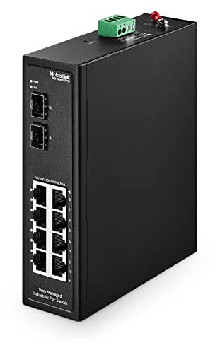 MokerLink Switch Ethernet industriale DIN-Rail Gigabit a 8 porte PoE gestito, 2 porte SFP, IEEE802.3af/at, capacità di commutazione 20 Gbps, switch di rete IP40 gestito dal Web (da -40 a 185 °F)