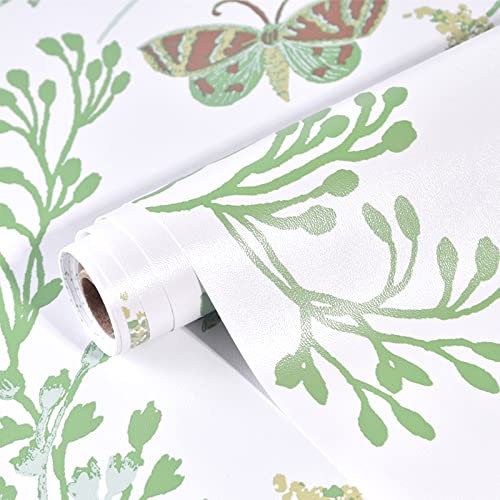 Shackcom Tapete Selbstklebend Grüner Schmetterling Tapeten 44.5x1000cm Wandpapier Selbstklebende Wasserdicht Wandaufkleber Dekorative Aufkleber für Möbel Wandtür Küche Schlafzimmer Wohnzimmer