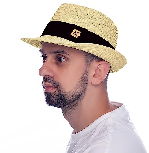 HEYANN Chapeau de Paille Homme Panama Été Femme Homme Chapeau de Soleil Beach Chapeau Plage Anti-UV Ajustable Respirant Chapeau de Paille pour Voyage (Beige-L)