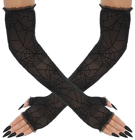 Sibba Halloween Fingerlose Handschuhe Spinnennetz Schwarze Ellenbogen Armbezüge Damen Spitze Mesh Punkhandschuhe Armstulpen Goth-Handgelenk Kostüm Cosplay Karneval Operngala Anzieh Party Requisiten