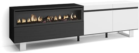 Skraut Home | Mueble TV | Televisión | Muebles de salón, almacenaje | 200x57x35cm | para TV hasta 80 | Chimenea eléctrica | Diseño Industrial | Estilo Moderno | Blanco y Negro