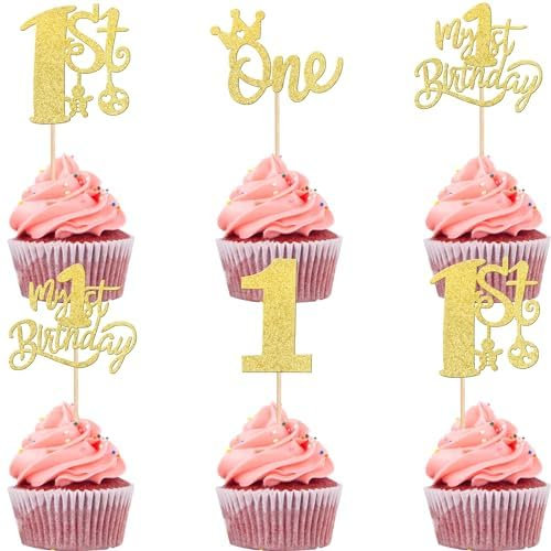 24 Stück Erster Geburtstag Cupcke Toppers Glitzer Krone One Tortendeko One Jahr alt Kuchen Deko für Kinder Jungen Mädchen 1. Geburtstag Party Baby Dusche Kuchen Dekorationen Gold
