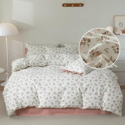 LifeTB Bettwäsche-Set mit rosafarbenem Blumenmuster, 3-teilig, Baumwolle, Cottagecore, schicke Rosenblüte, Tröster, Garten, botanisch, mit Reißverschluss, Vintage-Stil