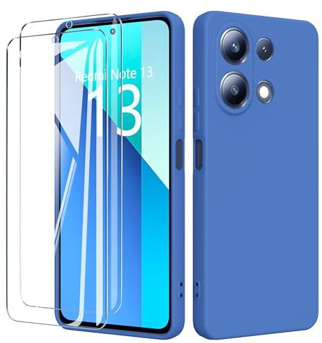 binandteam Coque pour Xiaomi Redmi Note 13 4G (6.67) avec 2 Verre Trempé Protection écran,Housse Liquide Souple en Silicone TPU Antichoc Bumper Étuis Anti Rayures Case Cover - Bleu