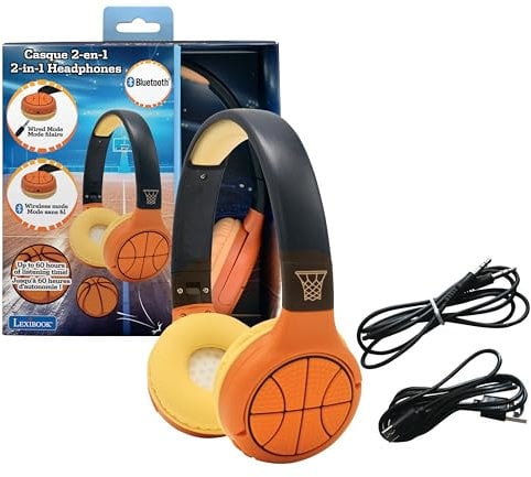 Lexibook, Basket, Cuffie Bluetooth e cablate 2 in 1 con microfono e pulsante di controllo, pieghevoli e regolabili, batteria ricaricabile a lunga durata, arancione, HPBT010BA