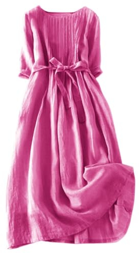 AMDOLE Leinenkleider für Damen, UK-Farbe, Retro, plissiert, Schnürung, Freizeitkleid mit Taschen, elegante Kleider für Damen, rose, 3XL