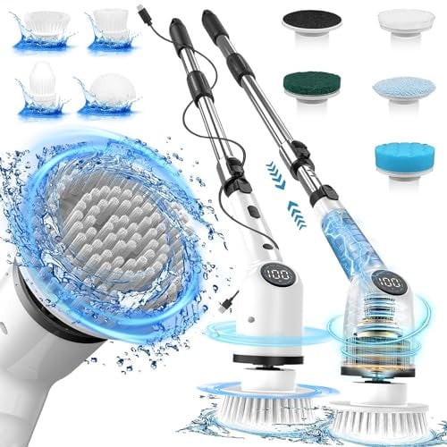 Brosse à récurer électrique avec Long Manche, Brosse de Salle de Bain sans Fil, 8 têtes de Rechange, 3 Vitesses réglables, Brosse de Nettoyage de Douche avec poignée réglable et Amovible pour