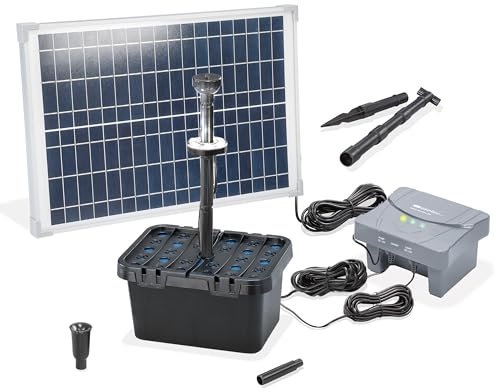 esotec Kit de filtration solaire pour bassin professionnel 25/700 LED, avec pompe, batterie LiFePo4, module solaire, pompe de bassin extérieur, filtration de bassin à plusieurs niveaux, 100953