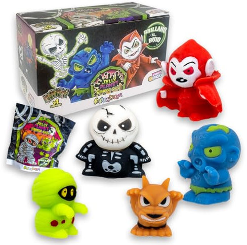 #sbabam Funny Box Horror Show Jelly Planet, Spielzeug ab 3 Jahre, 4 Stück, Kinderspielzeug für Halloween mit Saugnapf-Effekt, Klein und Phosphoreszierend, Ideale Monster als Baby Geschenk