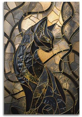 TWFSRXVWTS Kintsugi Buntglas-Poster, Motiv: schwarze Katze, dekoratives Gemälde, Leinwand, Wandposter und Kunstdruck, moderne Familienschlafzimmer-Dekoration, Poster, 20 x 30 cm