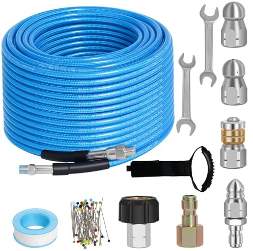 Kanalisation Jetter Kit 30m für Hochdruckreiniger,5800PSI Wasserstrahl Abflussreiniger Schlauch,1/4 NPT Ecke mit 4 Kanalisationsdüsen,Wasserdichtes Band, Griffband & 2 Schraubenschlüssel(Blau)