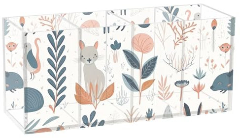 FRODOTGV Federmäppchen aus Acryl, Motiv: Fuchs, Kaninchen, Katze und Pflanzen, Blumen, 4 Fächer, transparent, Kunstbedarf, Aufbewahrung, Organizer, Kunststoff, Kosmetik-Organizer für Büro,