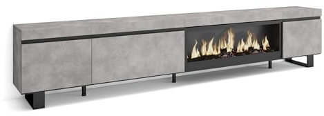 Skraut Home | Mueble TV | Televisión | Muebles de salón, almacenaje | 288x57x35 cm | para TV Gran Formato | Chimenea eléctrica XXL | Diseño Industrial | Estilo Moderno | Cemento