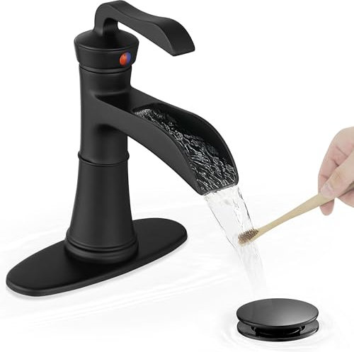 HEYMYTAP Wasserfall-Badezimmerarmatur aus Messing, Einhebel-Badezimmerarmatur, 1 Loch, 10,2 cm, Badezimmer-Armaturen, 3 Löcher mit Deckplatte, Pop-Up-Ablauf- und Versorgungsschläuche, Schwarz