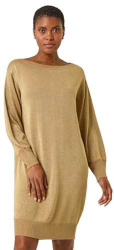 Roman Originals Knitted Jumper Dress for Women UK Ladies Stretchy Knit Knitwear Autumn Winter Casual Smart Pull On Work Long Sleeves Slouch Above Knee Short Length - Gold - Size 20