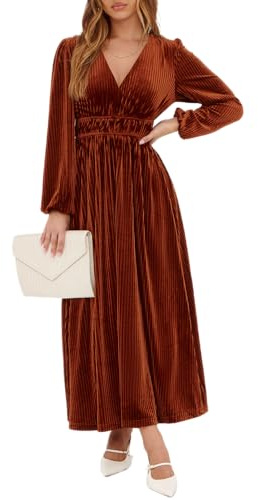 Sissyaki Women's Long Sleeve Velvet Dresses Fall Winter Long Dress Wedding Guest Party Maxi Dress B#Caramel X-Large