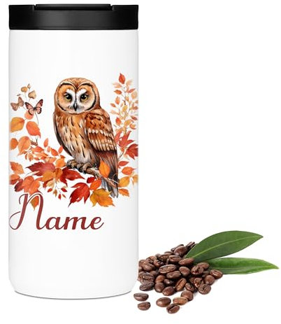 GRAZDesign Tazza termica con gufo autunnale personalizzata, tazza da viaggio con nome, tazza termica da 400 ml, per caffè e tè, in acciaio inox, regalo per gli amanti degli animali