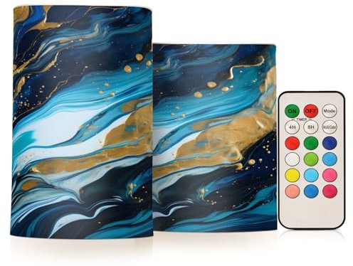 Flickering Flameless Candles Navy Blue Marble LED Candles with Remote Timer Set of 2 Battery Operated Candle Home Decoration
