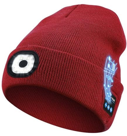 LED-Licht Bluetooth Warm Hut, LED Beleuchtete Mütze, LED Mütze mit Licht, Bluetooth Music Mütze, Wiederaufladbare Strickmütze mit Kopfhörer und Lautsprecher, Warme Mütze für Herren und Damen (Rot)