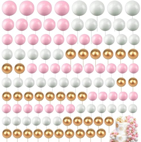 Glückliche Geburtstagstorte Topper, 108 Stück Mini-Ballons Tortenaufleger, Cake Topper Geburtstag für Hochzeit Party Babyparty Geburtstag Torte Dekorieren (Weiß Gold Rosa)