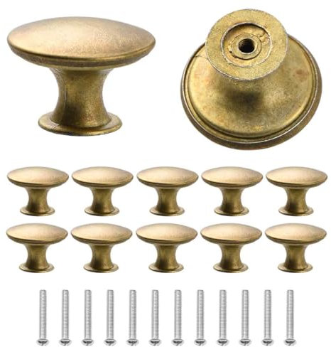 mkemka 10Pcs Vintage Cabinet Knobs, 30mm Antique Brass, Zinc Alloy, Round, Classic Style, Screws Included