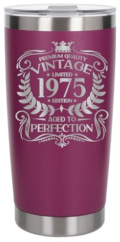 Always Looking Good 50th Birthday Gift Vintage 1975 Aged to Perfection Engraved Insulated Travel Mug Present for 50 Year Old Dark Pink Thermal Coffee Flask Travel Mugs with Lids