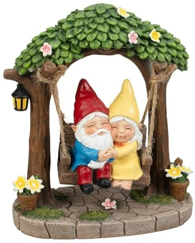 New Gnome Couple on Swing Garden Ornament –Colourful addition to your outdoor space, Perfect for Lawn, Patio, and Yard – Adds Whimsy and Character to Your Garden A-65