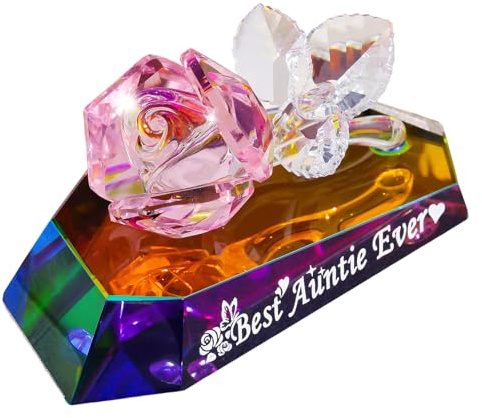 Movdyka Crystal Rose Best Auntie Gifts for Aunty Birthday Presents Ornament | Mother's Day Christmas Keepsake for Aunt from Nephew Niece, Multicolor Glass Flower Figurines, Special Home Decor
