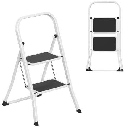 NAIZY Trittleiter 2 Stufen klappbar Tritt Kleine Leiter mit Breitem Trittbrett & Handlauf, Weiß Klappleiter Metall Haushaltsleiter, Tragfähigkeit bis 270KG