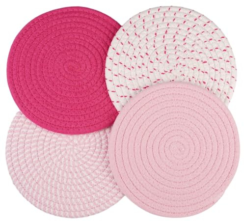 Set mit 4 Topfuntersetzern aus Baumwolle 18 cm Untersetzer für den Tisch, runde Untersetzer, elegant, strapazierfähig, runde Platzdeckchen, wasserabsorbierend, für Küche, Esszimmer, Wohnzimmer, Rot