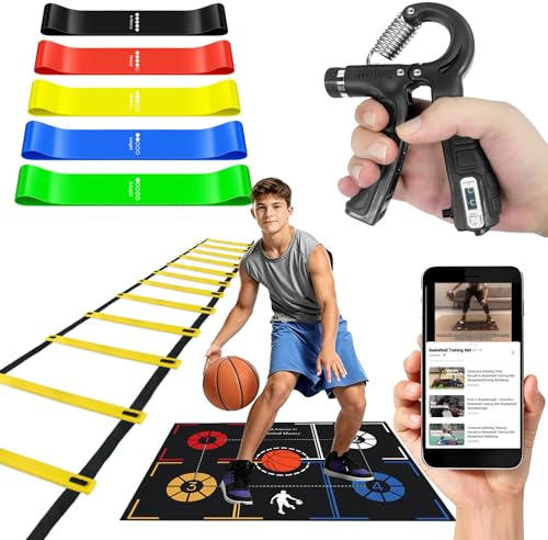 Basketball Training Equipment, Practice Training Mat, Dribble Trainer | Includes Basketball Training Mat, Agility ladder, Grip Strengthener, Resistance Bands, Improve Speed, Strength, ordination