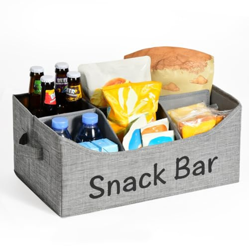 Lorbro Snack basket Organizer and Storage for Countertop, Fabric 6 Compartment Snack Box Bin with Handle，Foldable Pantry Storage for Kitchen Cabinet，Packets, Pouches, Spice Packets, Drinks, Tea Bags