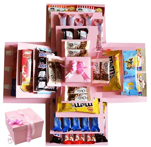 DIY Explosion Gift Box,5 Layer Snack Explosion Box, Creative Explosion Box with tape and ribbon, Handmade Surprise Boxes for Birthdays, Christmas, Valentine's Day, Anniversaries (Pink)