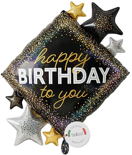 balloa Geburtstagsballon Happy Birthday to you, XXL Folienballon, 80 cm | Elegantes Schwarz-Gold-Design mit Sternen, XXL, heliumgeeignet, ungefüllt, stilvolle Geburtstagsdeko für Erwachsene