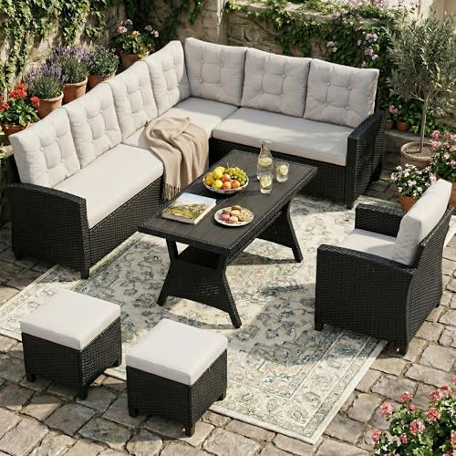 Amopatio 9 Seater Rattan Garden Corner Sofa Set, Patio Dining Set Conversation Set with WPC Dining Table & Storage Shelf & 8 cm Cushions, All-Weather Garden Furniture Conservatory Set, Black & Beige