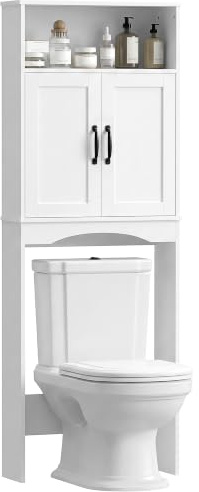 HOMCOM Mueble sobre Inodoro Armario sobre Inodoro 64x21x173,5 cm Blanco | Mueble de Baño, 2 Puertas de Cierre Silencioso, Estante Abierto, para Lavanderías, Espacios Pequeños