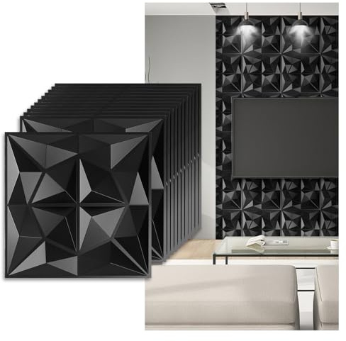 Monucep 3D Wandpaneele Schwarz 50x50 cm, 24er Set(6m²), PVC Wandverkleidung für Großes Gaming Setup & Wohnzimmer, Robuste Kunststoff Wanddeko 3D Struktur Optik