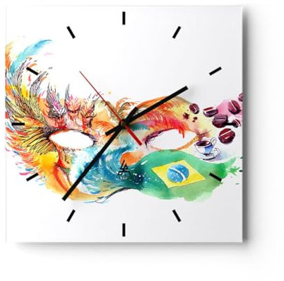 Modern Wanduhr Flagge Karneval Brasilien 40x40cm Quadrat Groß Wand Uhr Glas Analog Zimmeruhren Küche Büro Wohnzimmer Glasuhr Wall Clock Dekoration Design Wanddekoration Küchenuhr C3AC40x40-3036
