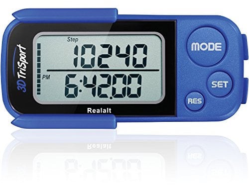 Realalt 3DTriSport Walking 3D Pedometer with Clip & Strap, eBook Included 30 Days Memory Accurate Step Counter, Walking Distance Miles/Km, Calorie Counter, Daily Exercise Time Monitor- Blue