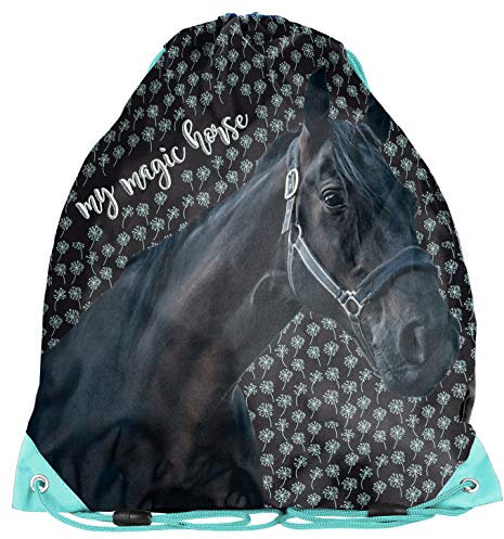 Ragusa-Trade Pferde Fan Turnbeutel, Sportbeutel, Gymnastikbeutel, Gymsac, Schuhbeutel, schwarz/blau, 38 x 34 cm