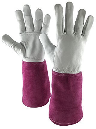 Leather Gardening Gloves for Women One Pair - Thorn Proof Goatskin Leather & Long Sleeve Cowhide for added protection - Ladies Gauntlet Gloves Ideal for all Garden Tasks (Weeding to Pruning). (Medium)