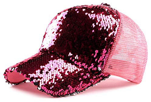 Pailletten-Hut, magisch, verstellbar, Baseballkappe für Damen, silberfarben, Spiegel-Dekor, Baseballkappe, Disco-Ball, Tanzparty, Kostüm, Knallpink (Hot Pink), Einheitsgröße
