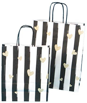 300 Papiertragetaschen Geschenktüten 90g/m² mit Kordelgriff Neutralmotiv schwarz weiß + Herzen Noblesse, 18+8x22cm - Inkl. Lizenz gemäß VerpG in D