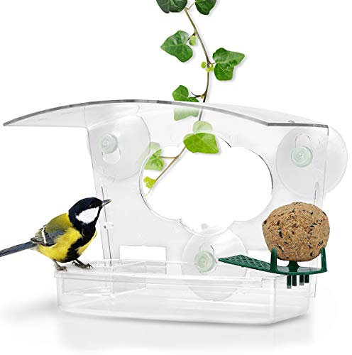 WILDLIFE FRIEND I 3-in-1 Fenster Futterhaus – Transparent & Wetterfest I Vogelhaus mit Meisenknödelhalter, Obsthalter und Vogeltränke I Vogelfutterhaus für Wildvögel