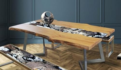 Casa Padrino Luxus Esstisch Naturfarben/Mehrfarbig/Silber 200 x 100 x H. 75 cm - Moderner Massivholz Tisch mit edlem Lavastein und Edelstahl Gestell - Esszimmmer Möbel - Luxus Qualität