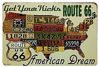 KEYGAMER Route 66 American Dream Targa statale in metallo con mappa statale, targa vintage per garage bar casa decorazione da parete 20 x 30 cm
