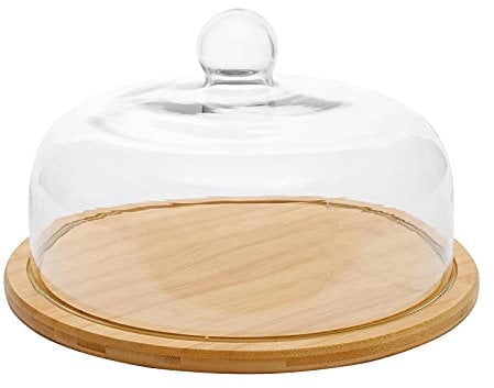 32nd Clear Glass Cake Cheese Stand Dome Cloche with Wooden Bamboo Base - 28CM