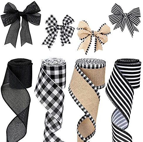 AIEX 4 Rollen 6m Kariertes Band Sackleinen Stoff zum Basteln Schwarz Weiß Karierte Sackleinen Verdrahtete Bänder Dekorationen zum Basteln Landhausstil (4 Stile)