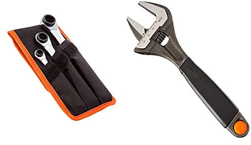 Bahco S4RM / 3T Chrome Vanadium Steel Socket Wrench Set, Size 8mm-19mm & 9031 Adjustable Wrench, 200mm Length